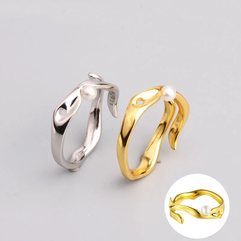 

100% 925 Sterling Silver Pearl Irregular Open Rings for Women Girl Fashion Design Adjustable Jewelry Party Gift Dropshipping
