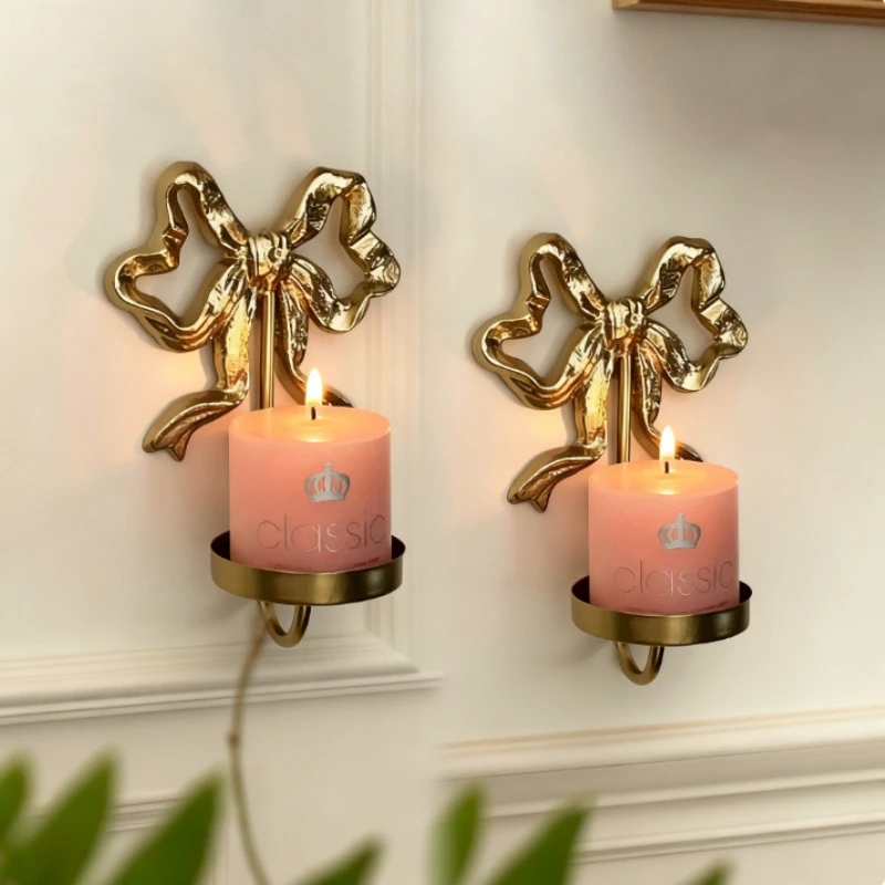 2pcs Retro Wrought Iron Bow Candlestick Wall Hanging Simple Living Room Bathroom Bedroom Kitchen Wall Decoration Candle Holder