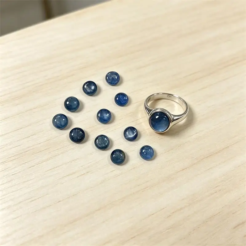 1PC 6-8mm Kyanite Round Cabochon Beads No Hole Polished Flat Back for Necklace Pendant