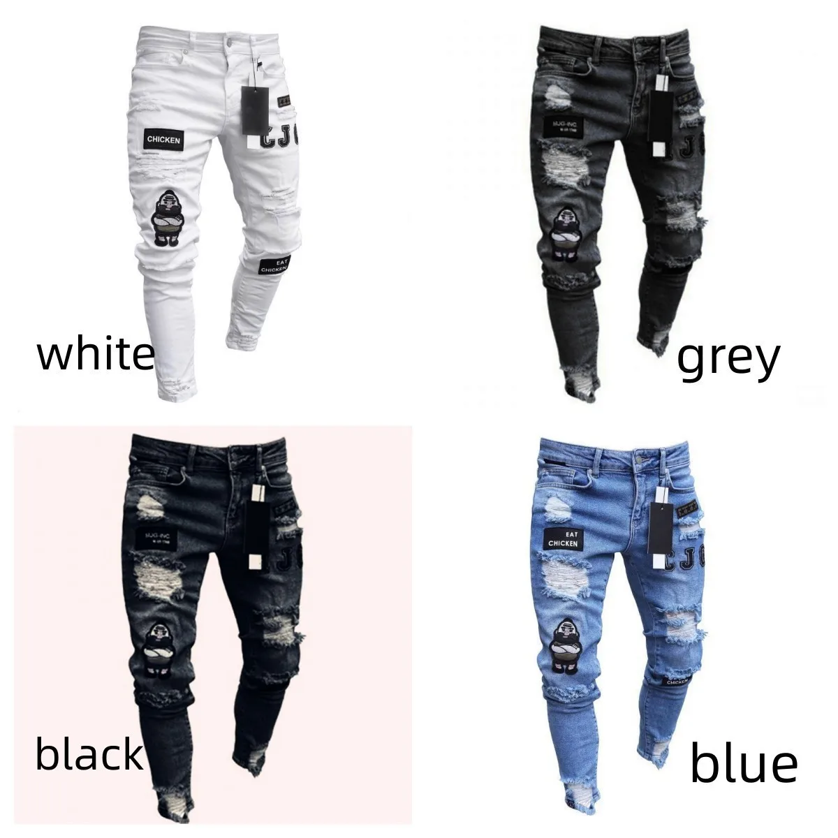 

Trendy Men's Slim Fit Jeans with Badge Hole Punching Cuffed Pants European Style Casual Wear mid Waist Zipper Closure