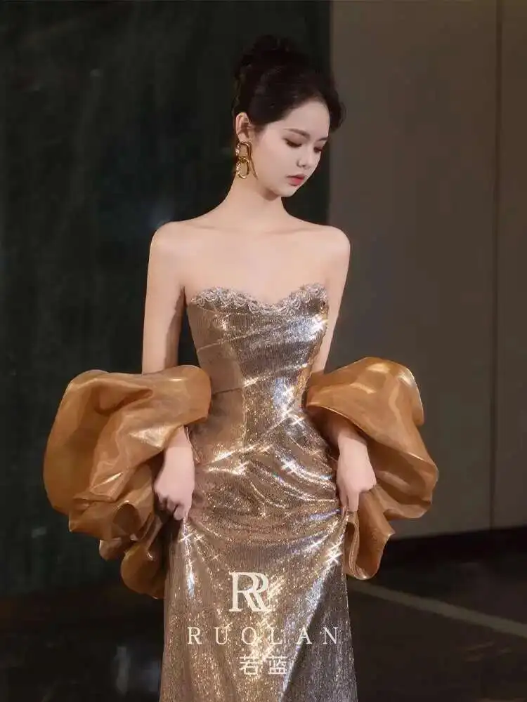 

Mermaid Toast Dress Bride 2025 New Champagne Gold High-end Strapless Banquet Annual Meeting Host Evening Dress for Women
