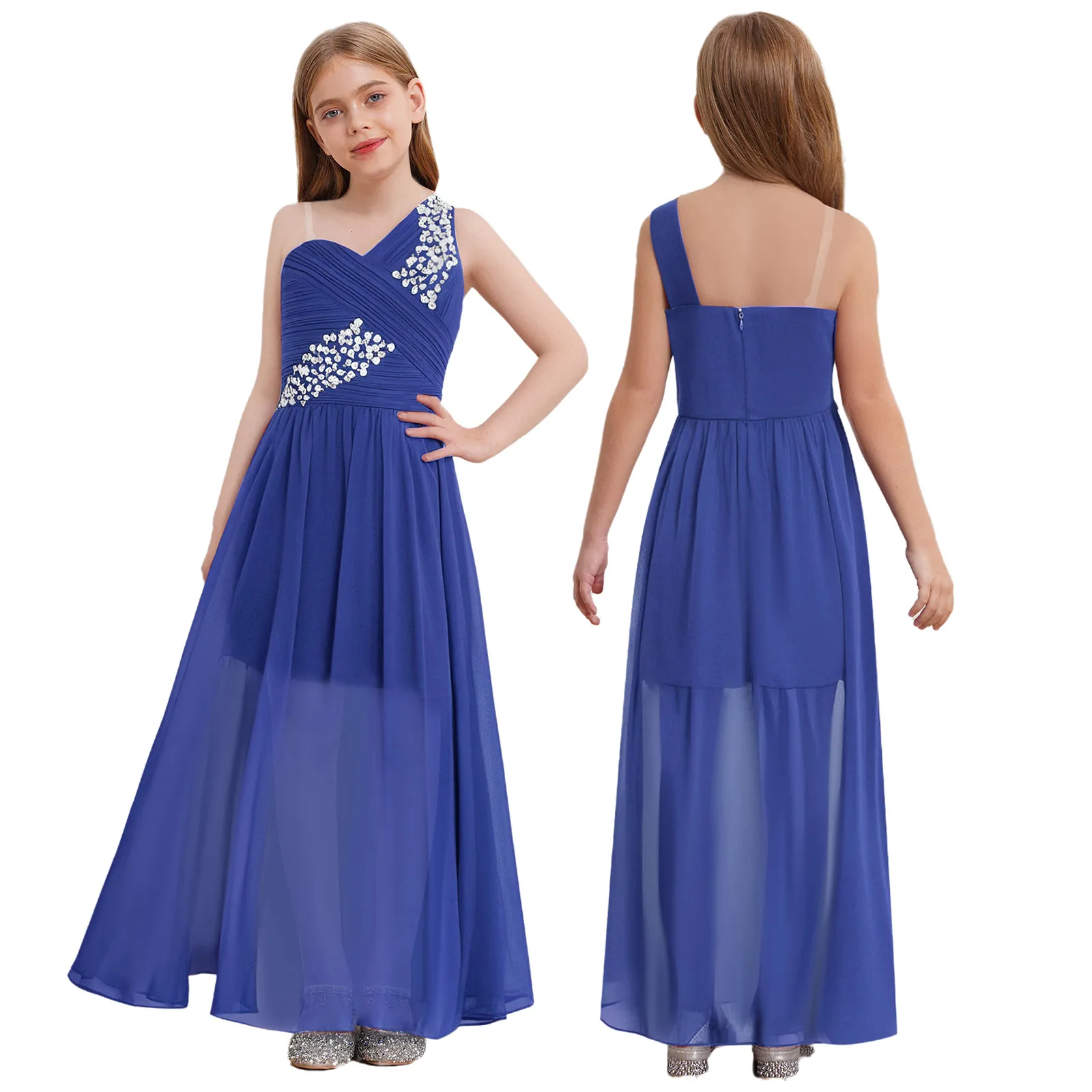 Children Girls Wedding Bridesmaid Dress Asymmetric Shoulder Elegant Ruched Chiffon Maxi Party Dresses Birthday Evening Prom Gown