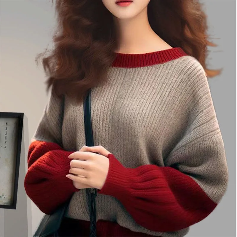 الكورية نمط كتلة اللون سترة المرأة الخريف والشتاء كسول نمط جولة الرقبة سترة بأكمام طويلة