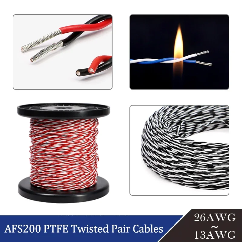 1~20m AFS200 PTFE Wire 2pins 26/25/24/22/20/18/17/15/13AWG FEP Twisted Pair Tinned Copper High Temperature Electronic Cable