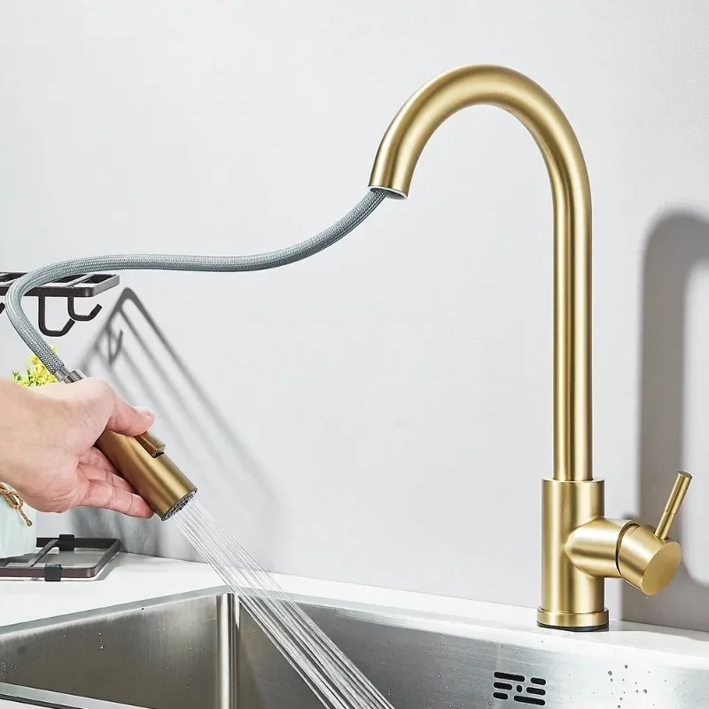 304 brushed gold kitchen pull-out kitchen sink faucet hot and cold mixed faucet 360 degree rotating kitchen shower faucet