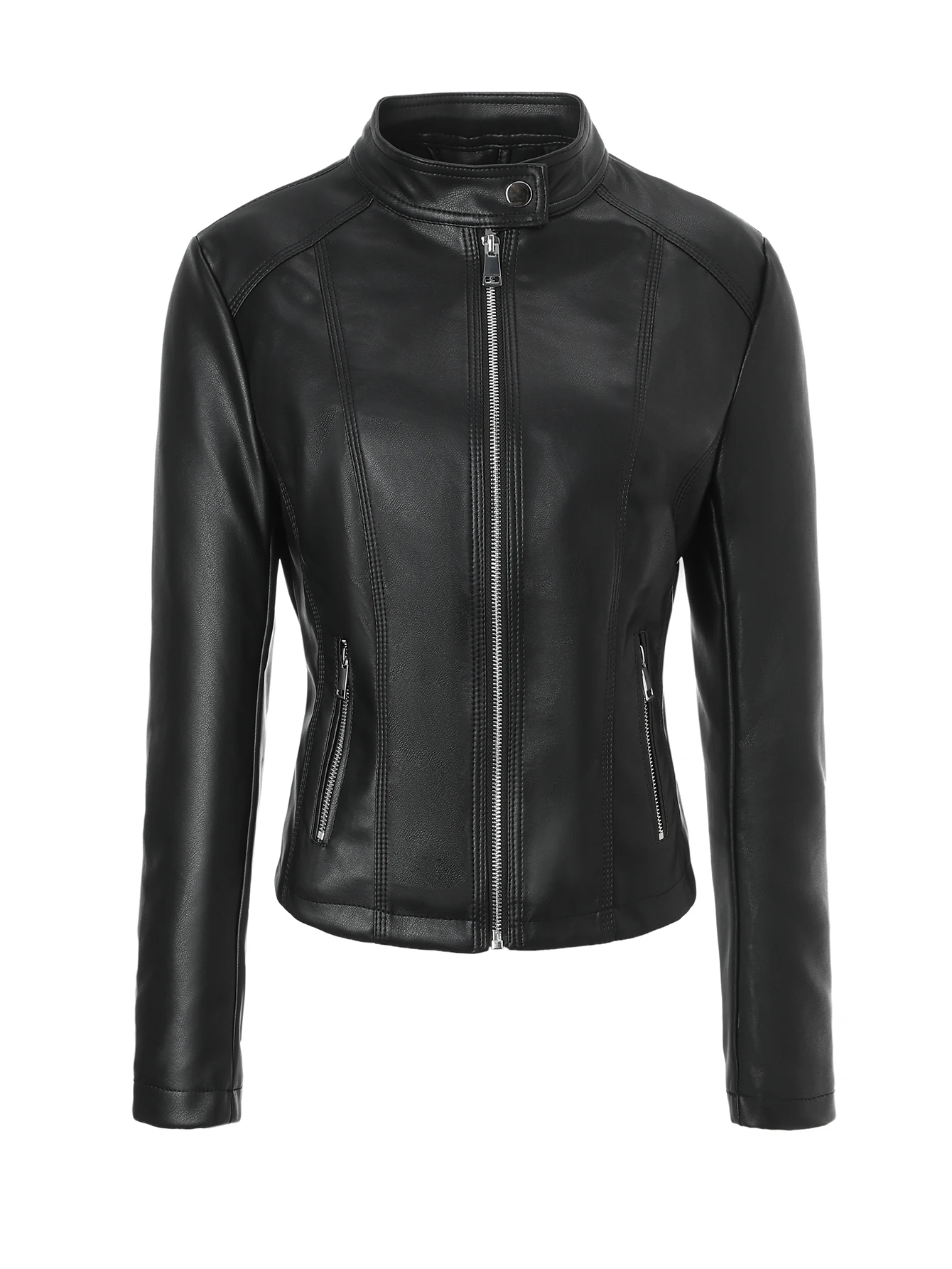 

Women's Stand Collar Slim Pu Jacket - Vegan Faux Biker Coat, Waist Slimming Zipper 3 Colors (Black/Burgundy/Khaki) ⚡