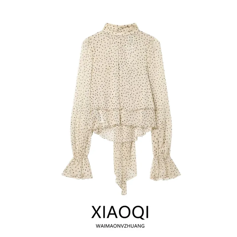 

Elegant Polka Dot Short Shirt for Women with Ruffle Hem Tie Neck Spring Summer New Arrival Commute Style Loose Fit Long Sleeve