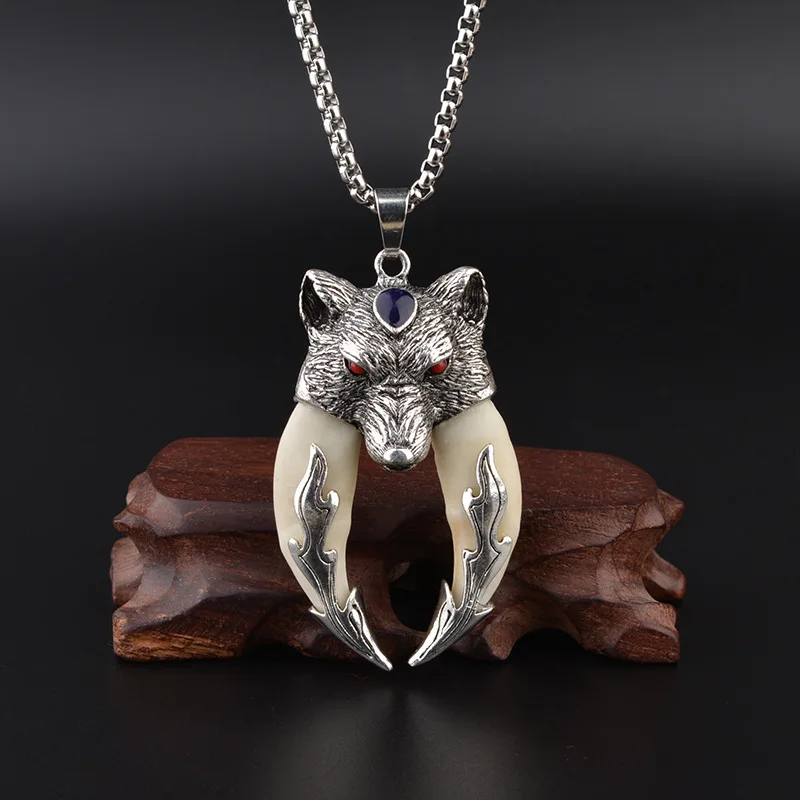 Tibetan Silver Vintage Flame Wolf Tooth Pendant Necklace, Black Dog Tooth Lucky Protection Amulet for Men Women
