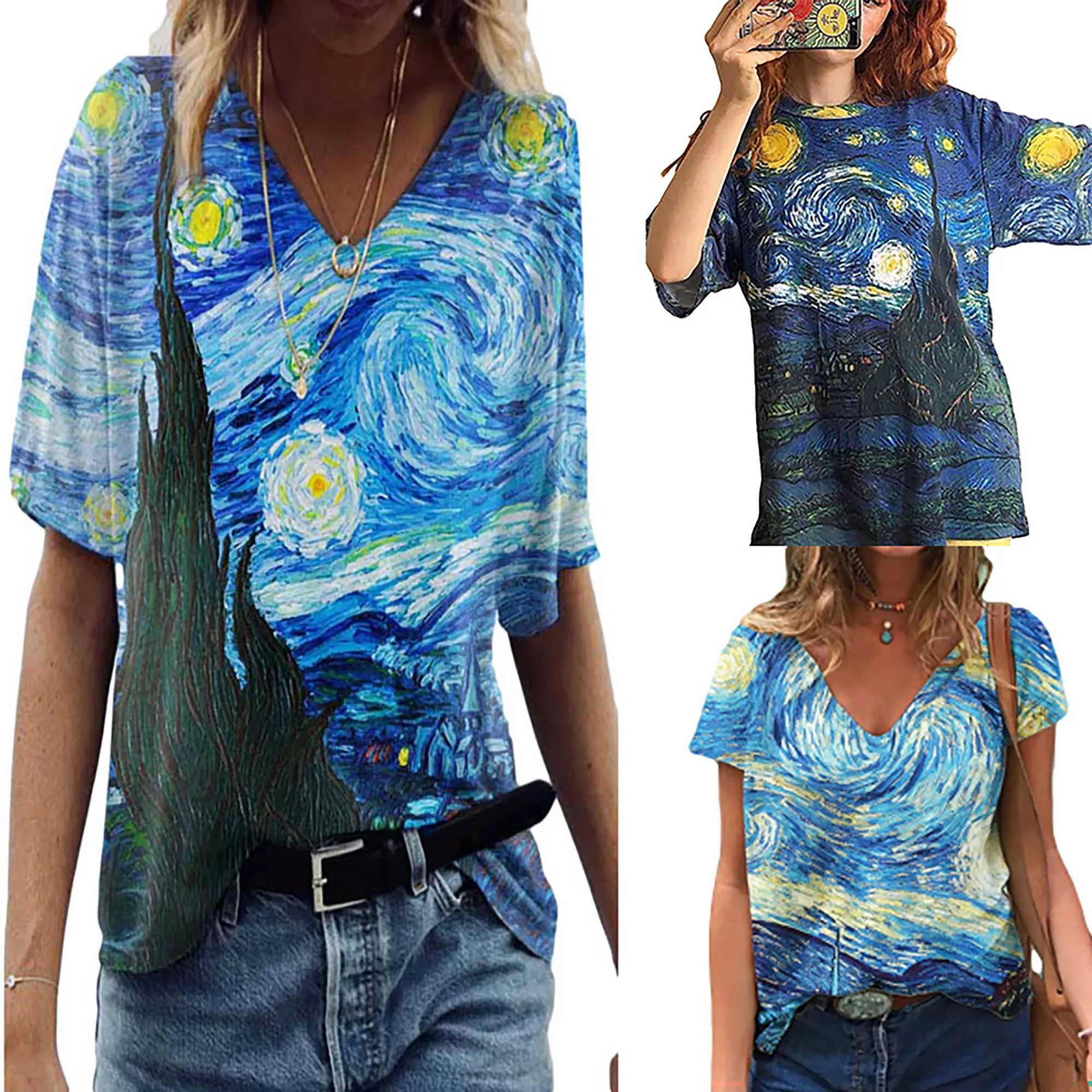 2024 Europe and the United States spring new Van Gogh\'s starry night oil painting theme printed V-neck short-sleeved blouse woma