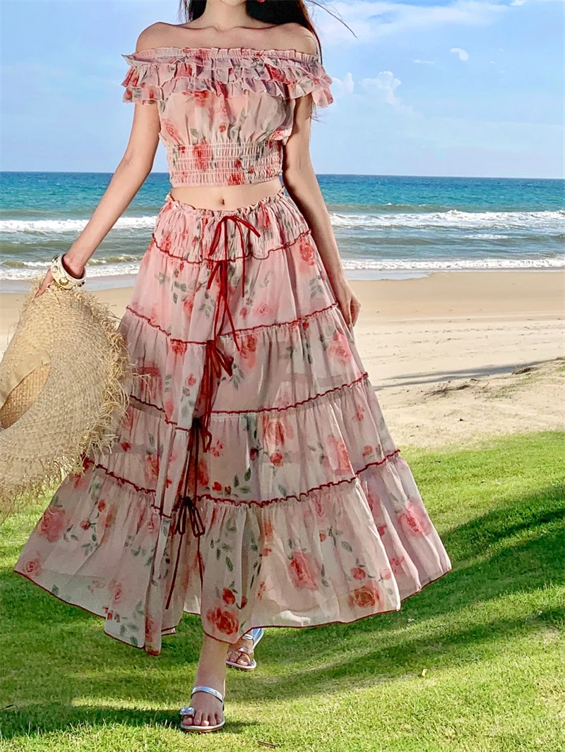 

Summer Print Floral Beach Two Piece Set for Women Fashion High Waist and Corp Top Skirt 2 Piece Sets Elegant Party Sexy Outfits