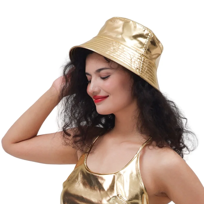 Women Shiny PU Leather Waterproof Panama Cap Holographic Hip-hop Bucket Hat Street Party Dance Disco Chic Hat Trendy Vintage
