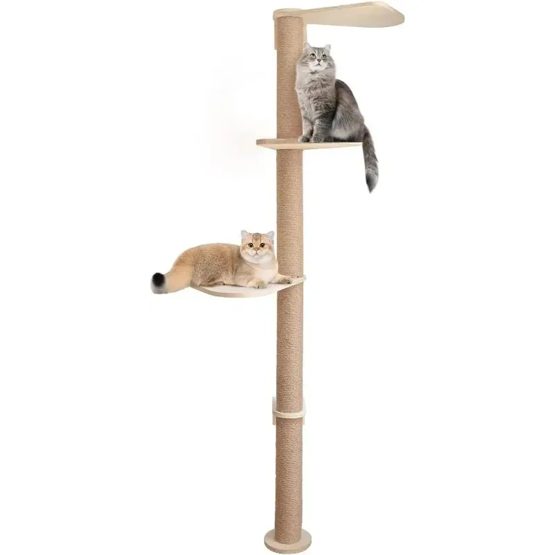 Wood Tower Floor To Ceiling Adjustable, Tree Tall Cat Scratching Post, Cat Tree with Floor for Climb