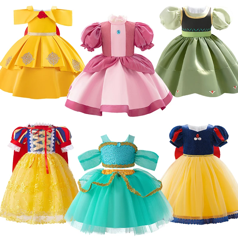 Summer Infant Girl Princess Belle Costume Halloween Cosplay Snow White Jasmine Peach Birthday Party Dresses Baby Girl Clothes