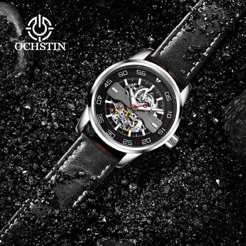 OCHSTIN Classic Man Waterproof Luminous Hand Hollow Mechanical Movement Watches Men's Master Series Genuine Leather Watch Strap
