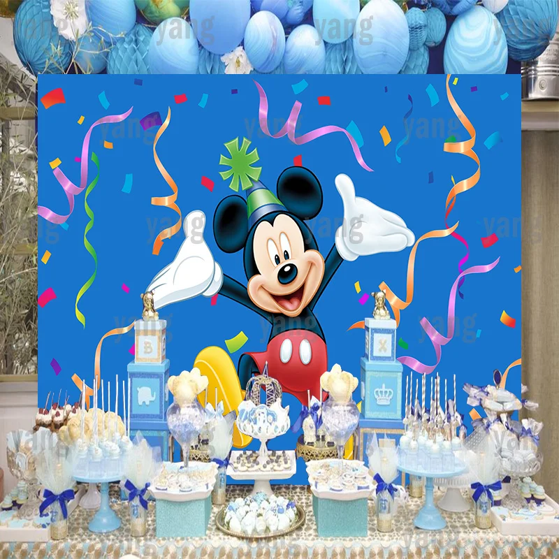 Cute Cartoon Custom Disney Lovely Mickey Mouse Colorful Streamer Blue Backdrop Birthday Party Decoration Photography Background