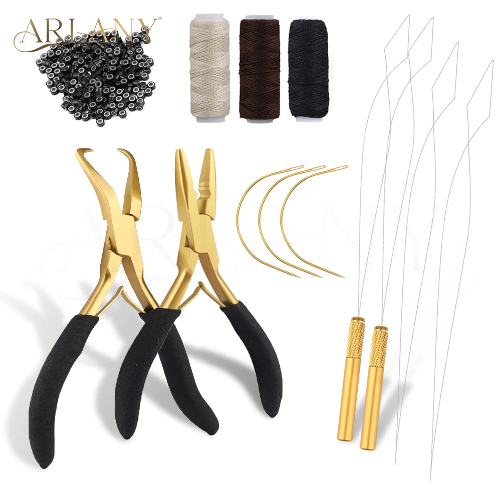 ARLANY Microlink Weft Extension Pliers Kit Hair Extension Closer and Removal Pliers Sewing Thread 500Pcs Silicone Hair Beads
