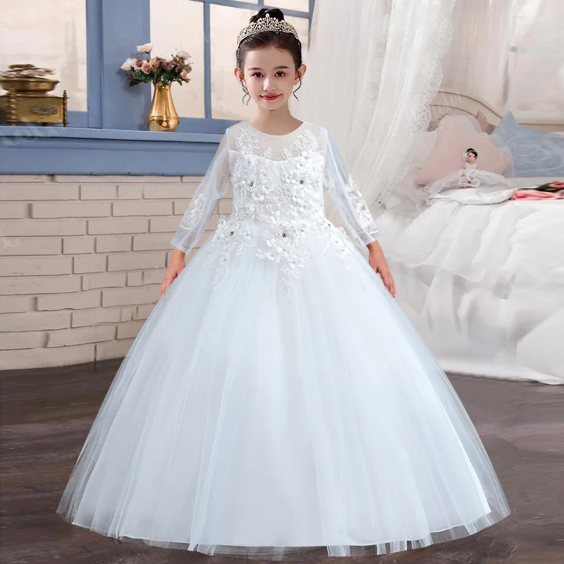 Flower Girl Wedding Party Embroidery Dresses Autumn and Winter New Long Sleeve Wave Point Flower Decoration British Dresses