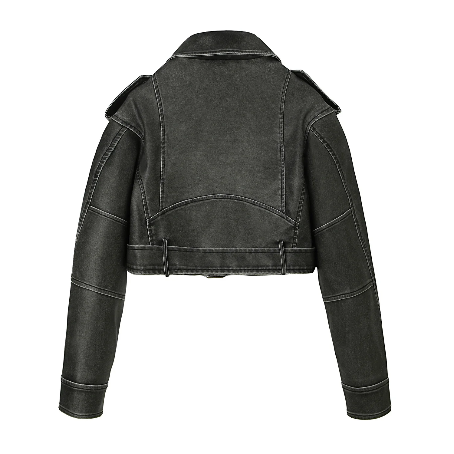 ​ ​   Veste de moto en cuir Pu noir pour femme, coupe cintrée, ceinture de taille réglable, clous argentés, fermeture à glissière, manteaux de printemps, d'automne et d'hiver ​ ​