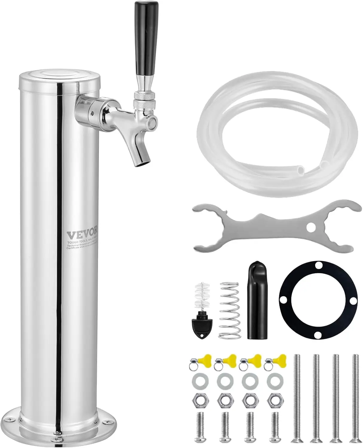 Single Faucet Draft Beer Tower Dispenser, Stainless Steel Keg Beer Tower, Kegerator Tower Kit with Pre-Assembled Tubing and Self