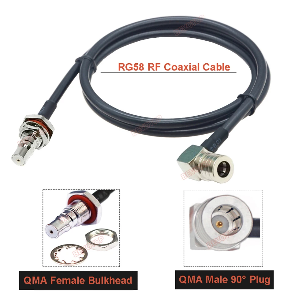 BEVOTOP RG58 QMA Cable QMA Male 90° / 180° Plug to QMA Female Jack Bulkhead 50 Ohm Low Loss RG-58 RF Coaxial Pigtail Jumper