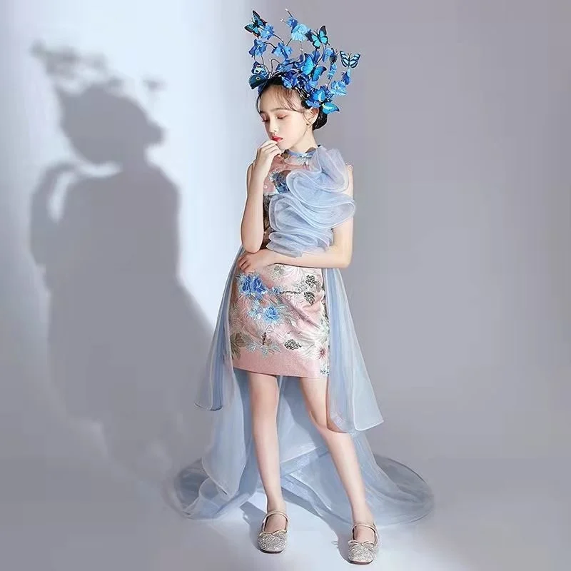 China-Chic Girls' Cheongsam Chinoiserie Style Catwalk Children's Wear Performance Clothes T Stage Fashion Pop Tuxedo Show Dress