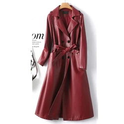 Schaffell Graben Mäntel Frauen Lange Split Leder Outwear Herbst Winter Chic Wein Rot Zweireiher Gürtel Damen Graben Kleidung