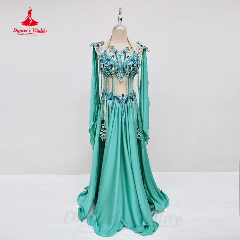 Belly Dance Clothing Women\'s Customization Luxury Rhinestone Bra+senior Satin Split Long Skirt 2pcs Oriental Performance Set