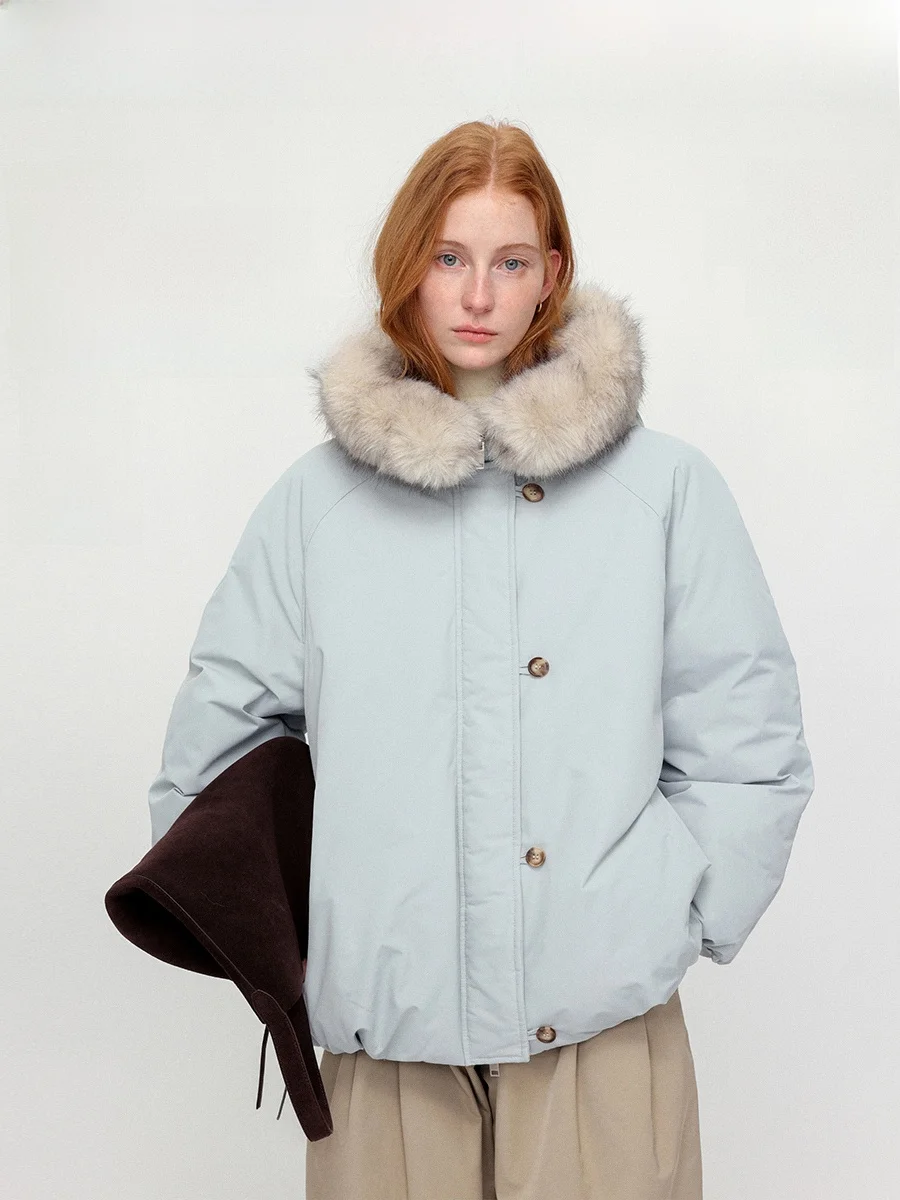 

CHACHASTU Detachable Fur Collar Warm Hooded down Jaet Women's Winter Sle Du down Outerwear Thiened Long Sve Coat