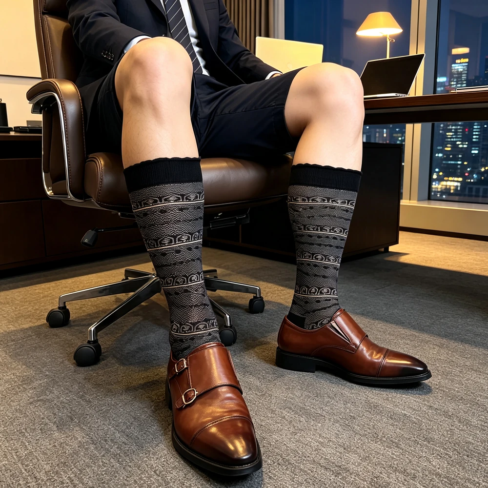Men's Vintage Geometric Striped Over The Calf Dress Socks Formal Business Long Tube Socks for Suit Leather Shoes Breathable Soft