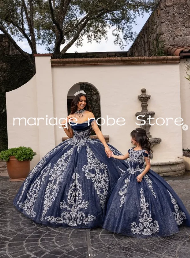 

Navy Blue Sparkly Flower Girls Dresses Gillter Applique Tassel Mini Quinceanera Dress Customsized Lovely Wedding Party Gown