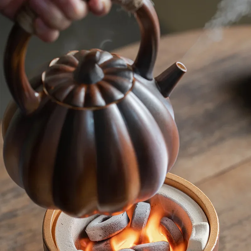 Stove Top Cooking Tea Pumpkin Teapot Side Handle Charcoal Burning Open Fire Kettle Retro Indoor Household