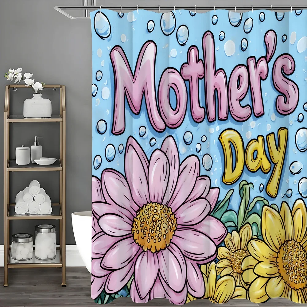 

Mother's Day Cartoon Flower Shower Curtain, Bathroom Decorative Shower Curtain, Waterproof Shower Curtain with Hooks 180x200cm