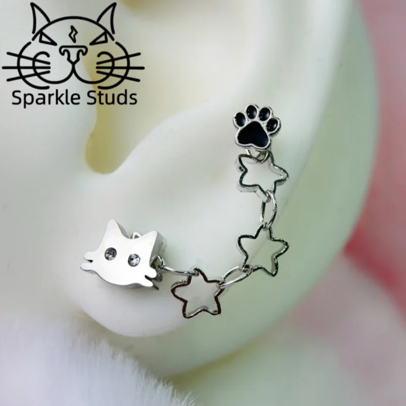 Sparkle Studs Stainless Steel Diamond Cats and Cat Paws Earring. Cute  and Personality Two Sizes for Women 1pc