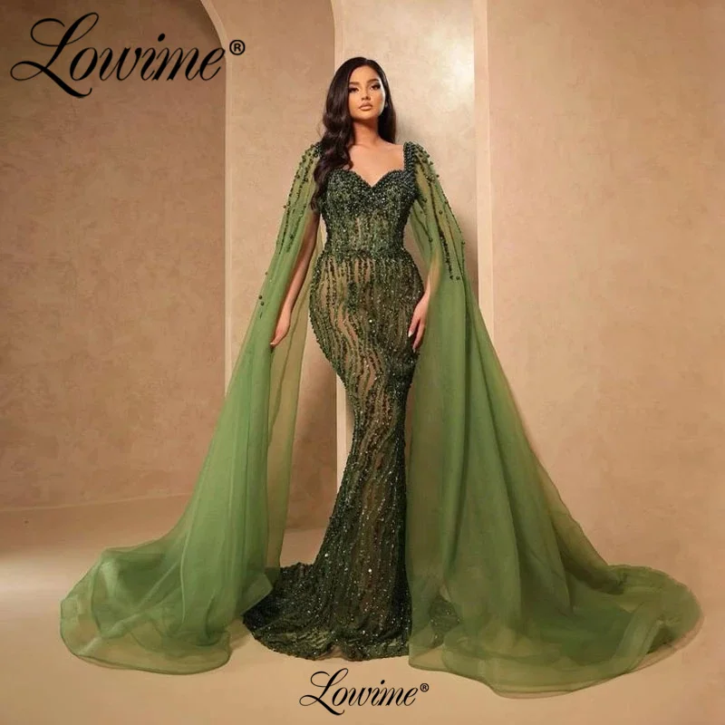 

Lowime Vintage Green Beaded Evening Dress Plus Size Long Mermaid Party Gowns 2023 Cape Sleeves Arabic Dubai Celebrity Dresses