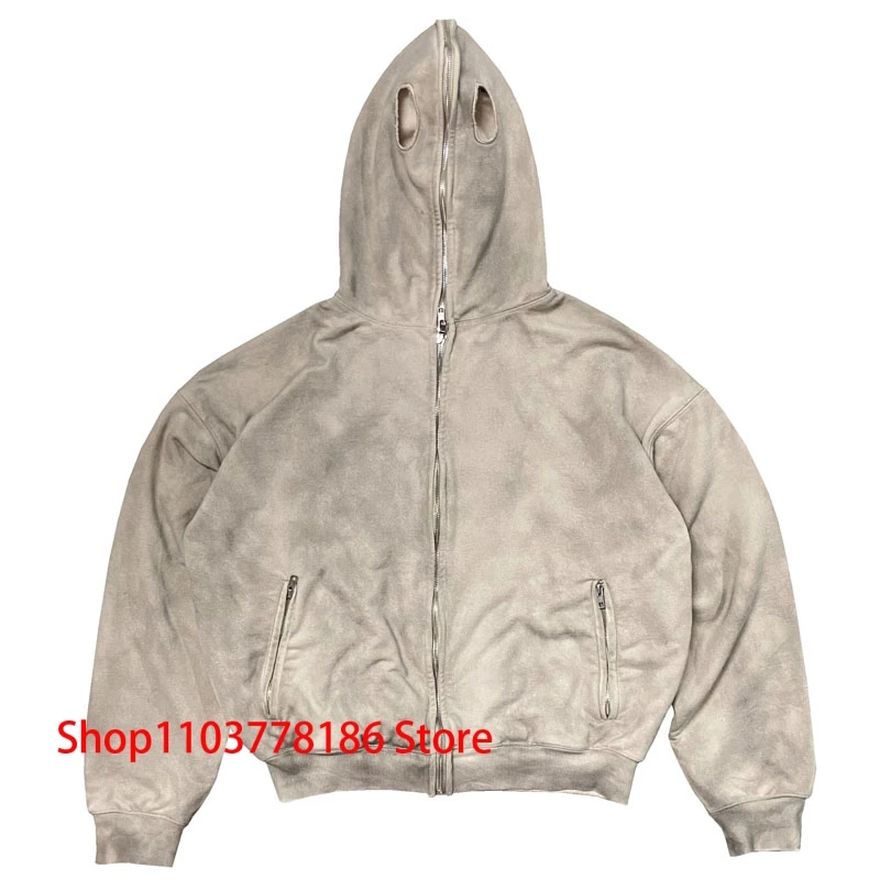 Men's Clothing Oversized Kanye West Hoodie Heavy Double Mask Zipper Hoody High Street Vintage Wash Old Apricot Hooded Sweatshirt