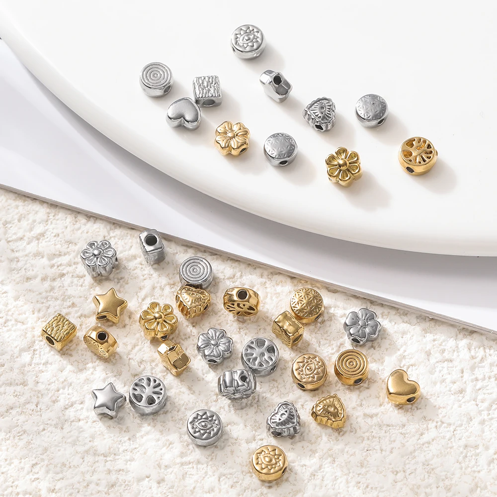 10Pcs/Pack Stainless Steel Various Shape Gold Steel Color Texture Spacer Beads for DIY Bracelet Jewelry Making Accessories view 5