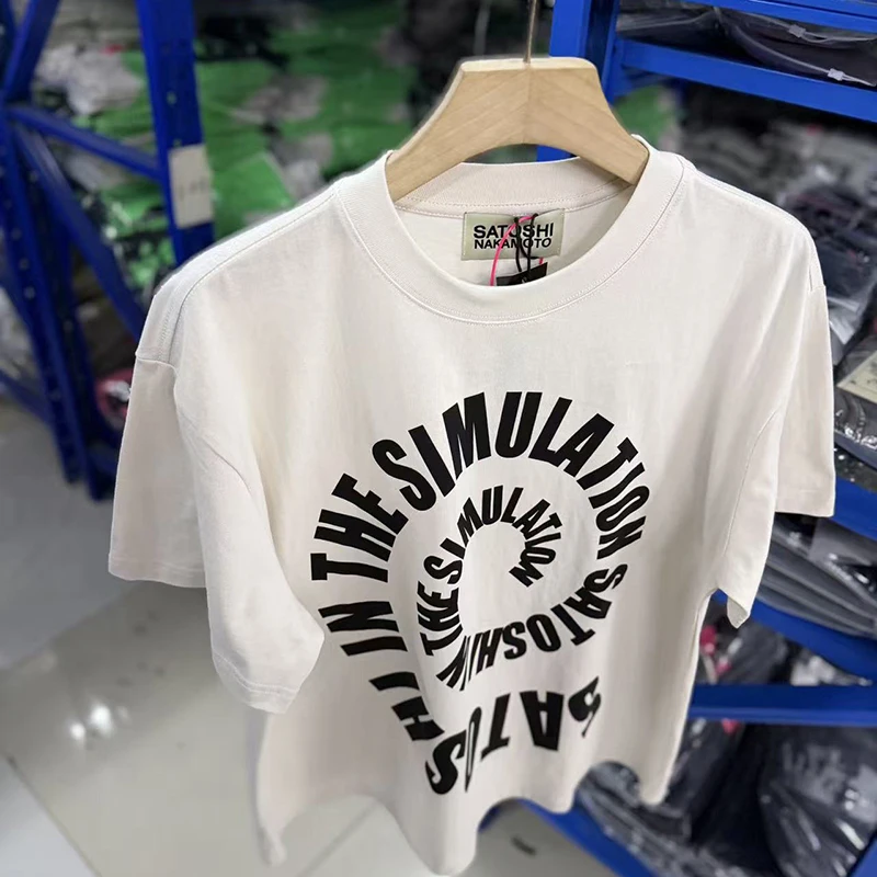 Streetwear Letter-print Short-sleeved T-shirt Men Women SATOSHI Retro Hip-hop Style Rotating Design Round-neck Top