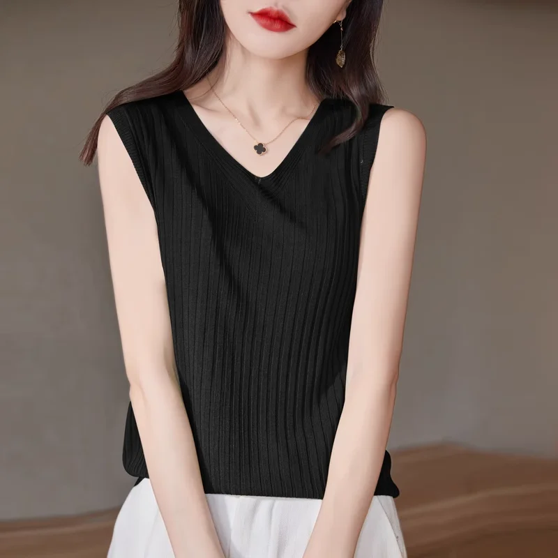 Korean Fashion Summer New Tank Top Women Solid Ice Silk V-neck Screw Thread Temperament Versatile Loose Sleeveless Knitting Vest