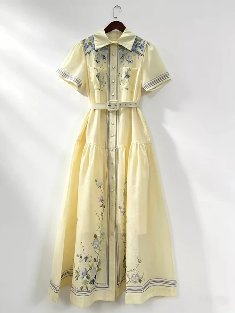 Vestido Maxi Elegante con Estampado Floral y Cuello Camisero para Mujer, Verano 2026, Manga Corta, con Cinturón, Vestido Largo Vintage con Botones para Fiesta