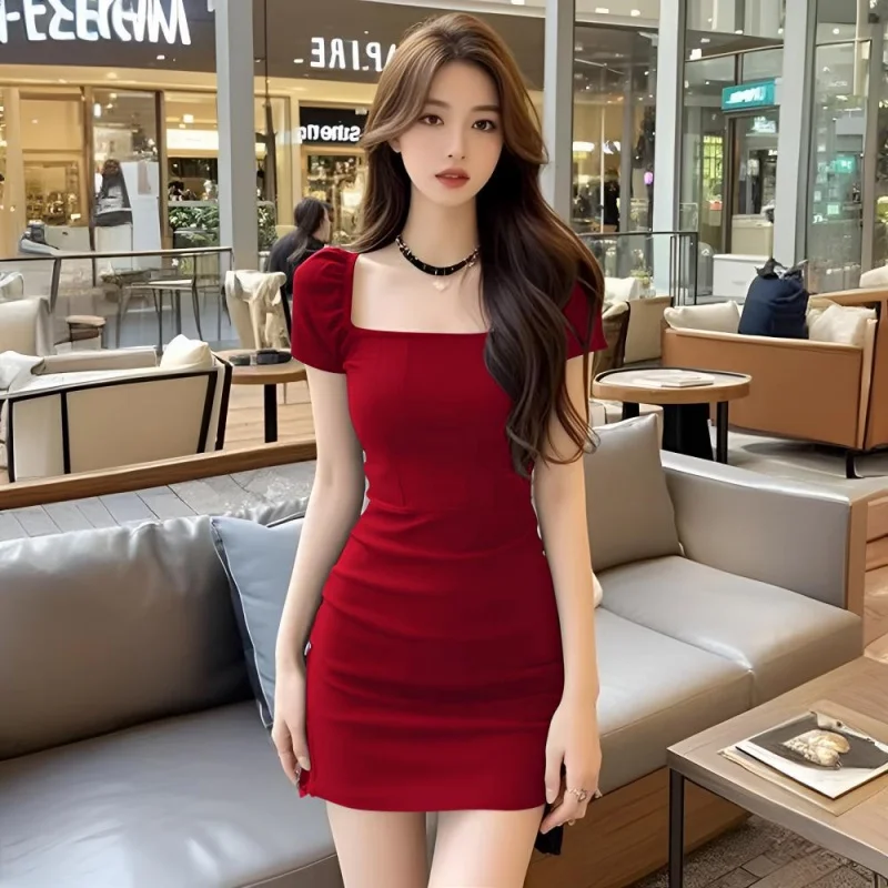 Elegant Korean Style Square Neck Dress Women's Fashion Design Slim Fit Short Skirt Bodycon Dress Polyester Bubble Sleeve