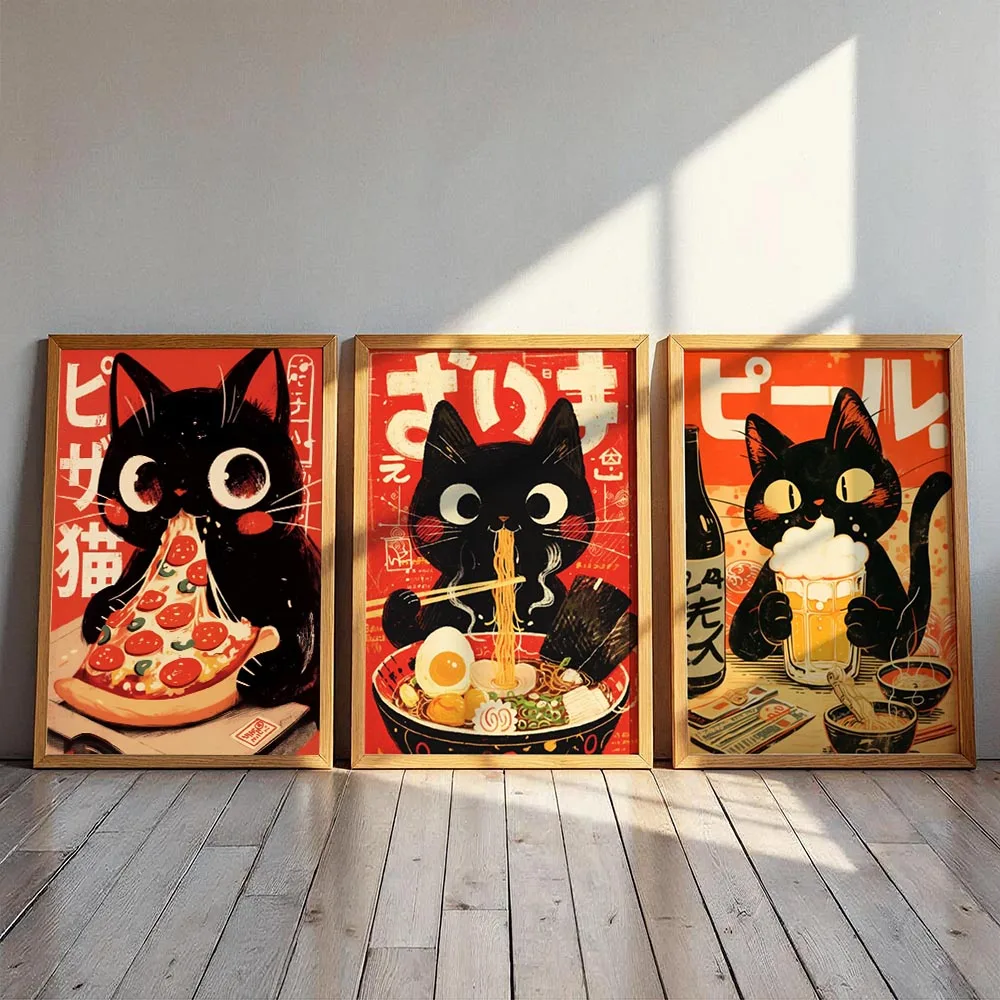 Black Cat Poster Pizza Ramen Beer Wall Art Canvas Painting Funny Japanese Food Prints Red Retro Home Kitchen Decor Izakaya Print