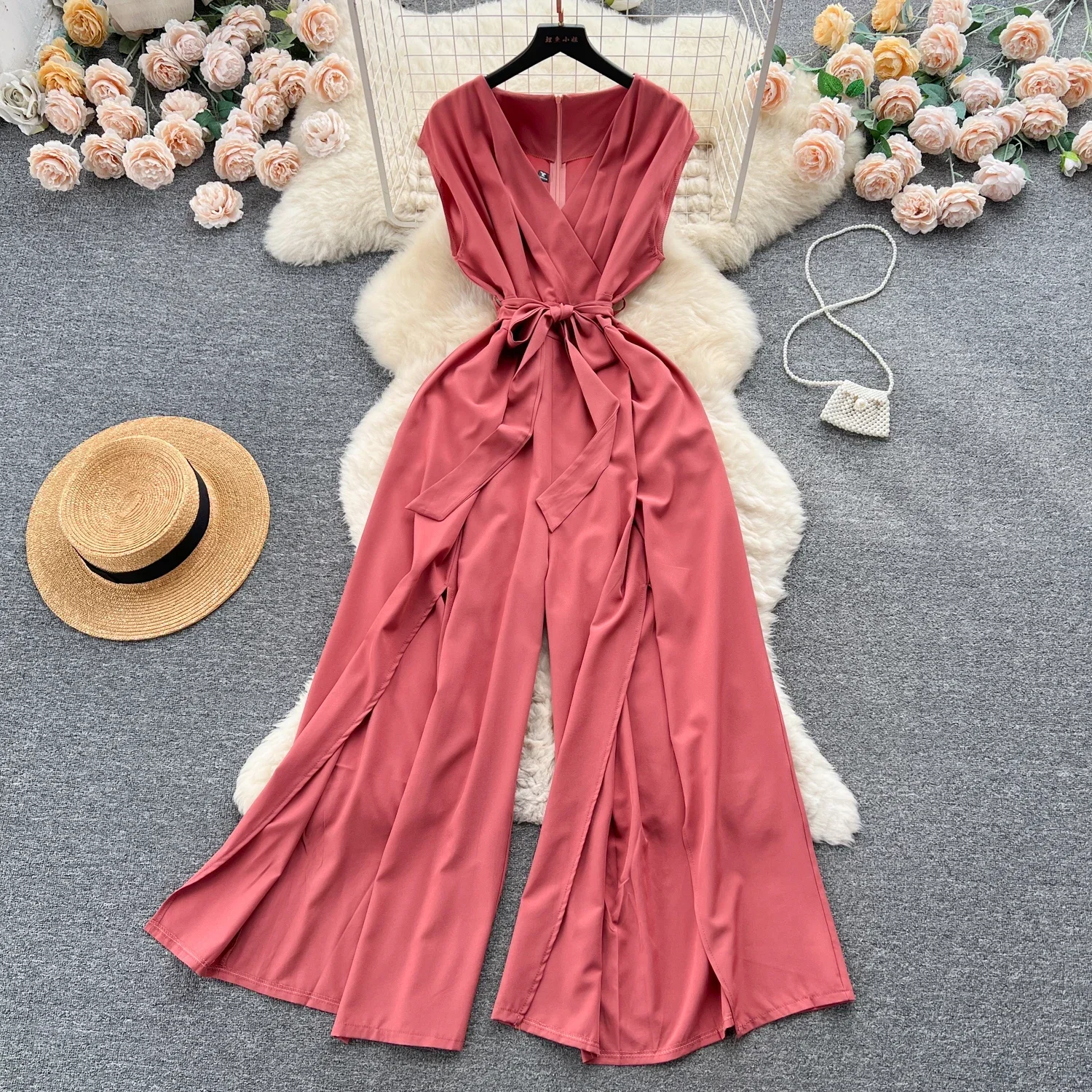 Summer Vintgae Women Wide Leg Jumpsuit Female Elegant V-Nevck Sleeveless High Waist Slim Casual Bandage Romper New Fashion