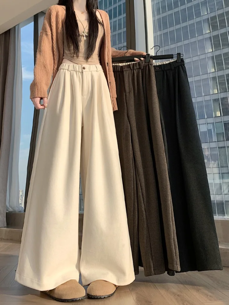 

Утепленные шерстяные брюки с широкими штанинами для женщин, с высокой талией, свободные, стройнящие, повседневные, зимние, новинка