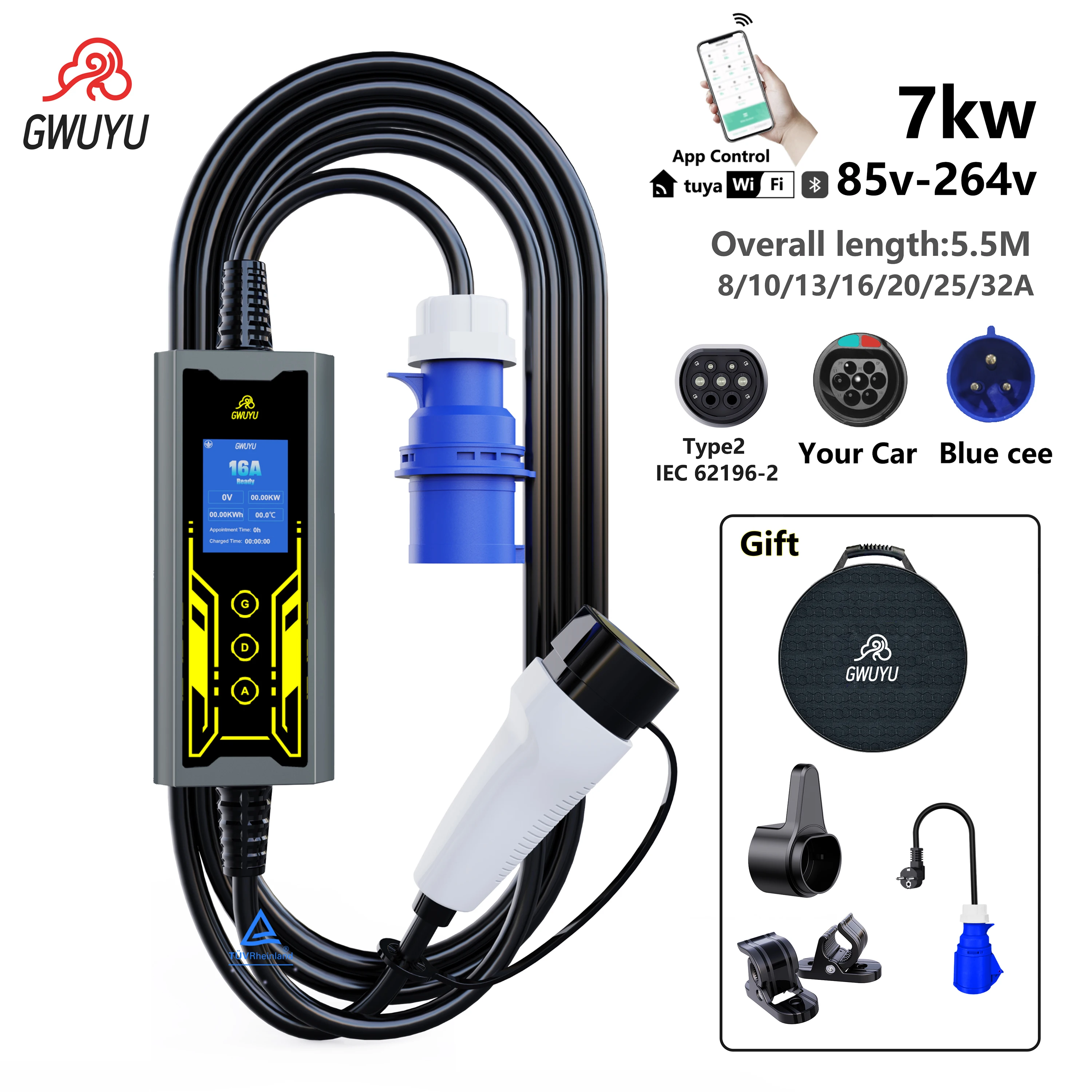 GWUYU 3.5KW 7KW EU Portable EV Charger Type 2 APP Control Aluminum Adjustable Current Scheduled Charge