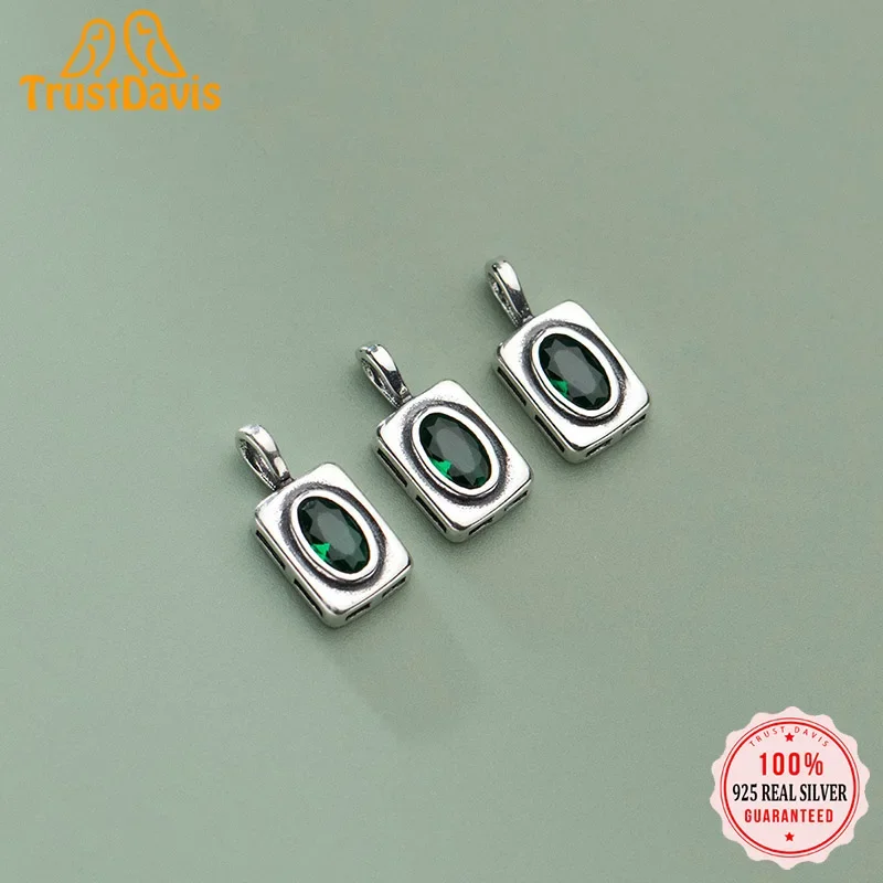 TrustDavis Real 925 Sterling Silver Sweet Green CZ Rectangle Pendant Handmade DIY Necklace Accessories Fine S925 Jewelry HY844