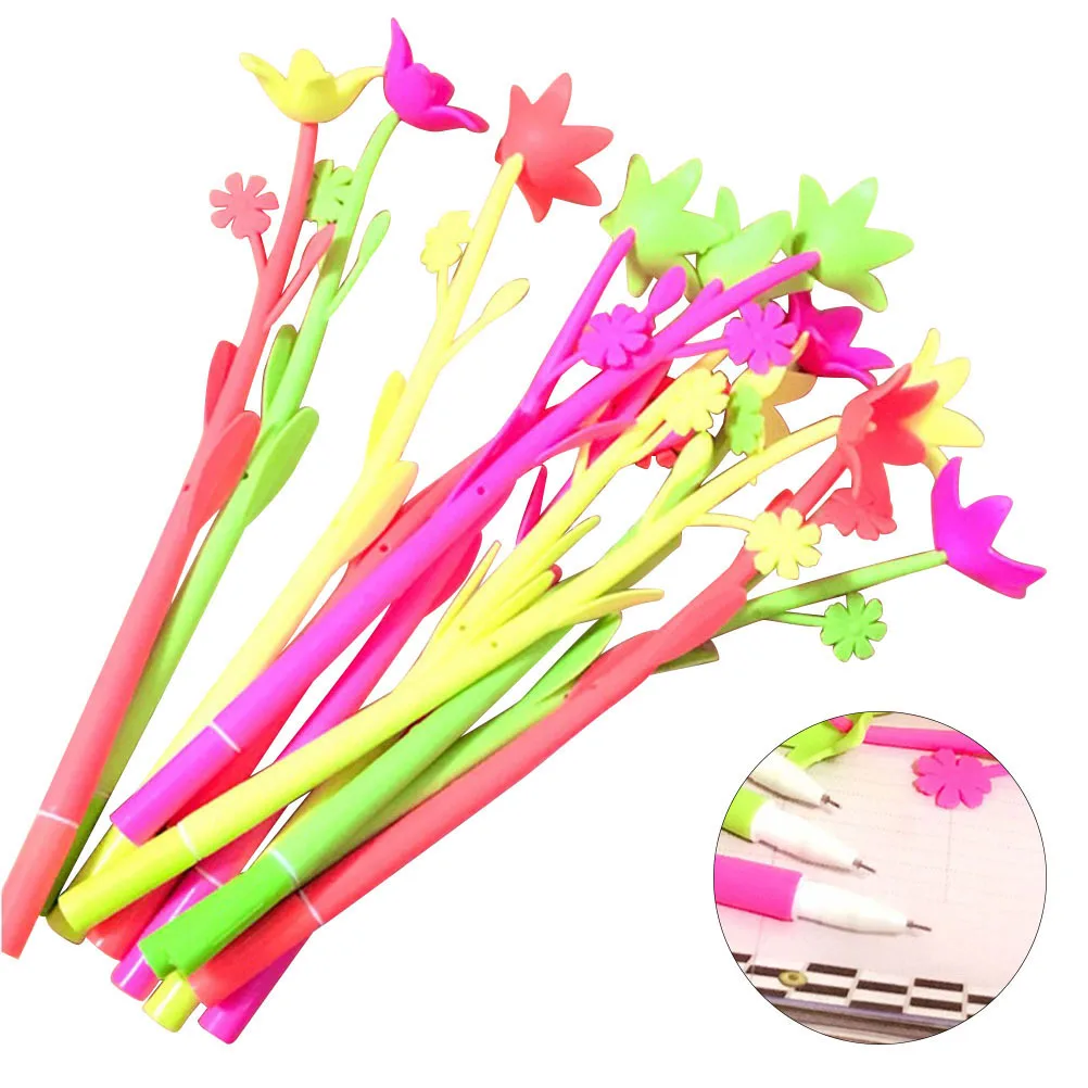 

12 шт. гелевые ручки с растениями разных цветов, цветочный дизайн, 0,5 мм, ручки с черными чернилами для детей, студентов, офиса, школы, мультфильма