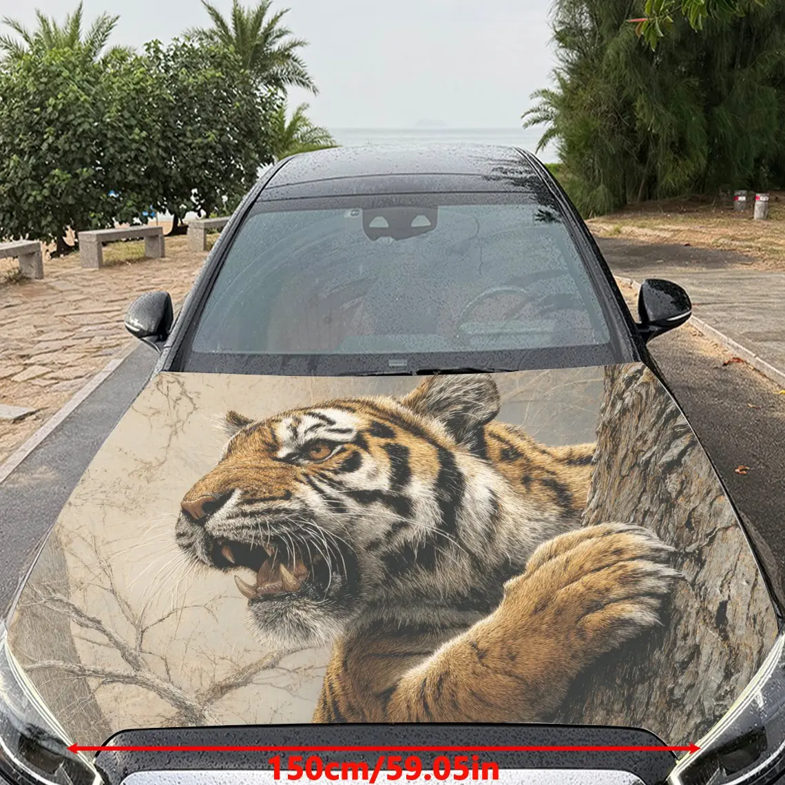 Car Decals Tiger with Striped Fur, a Roaring Expression, and a Tree - Climbing Scene Car Hood Sticker, Waterproof Self - Adhesiv