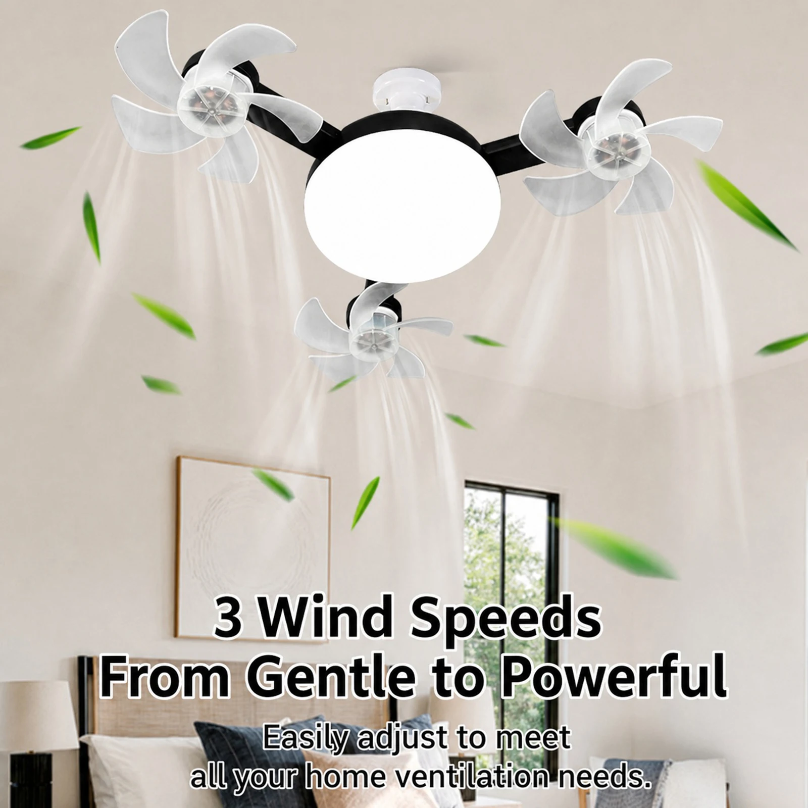 E27 Dimmable LED Socket Drone Fan Light with RC & Extension Rod 2 In 1 Hanging Fans 3-Speed for Dining Room Living Room