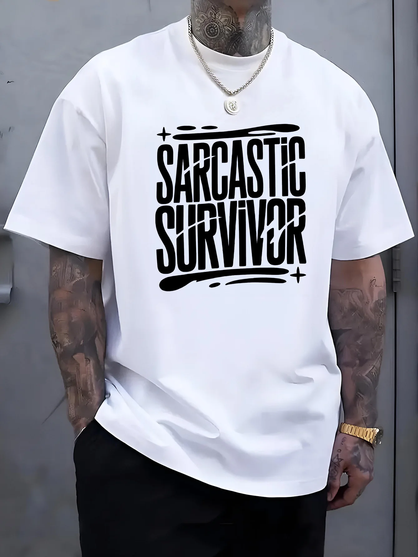 Male Black Round Neck T Shirt Stacked Sarcastic Survivor Font Decorative Star Lines Humorous Attire Daily Light Cotton Tees