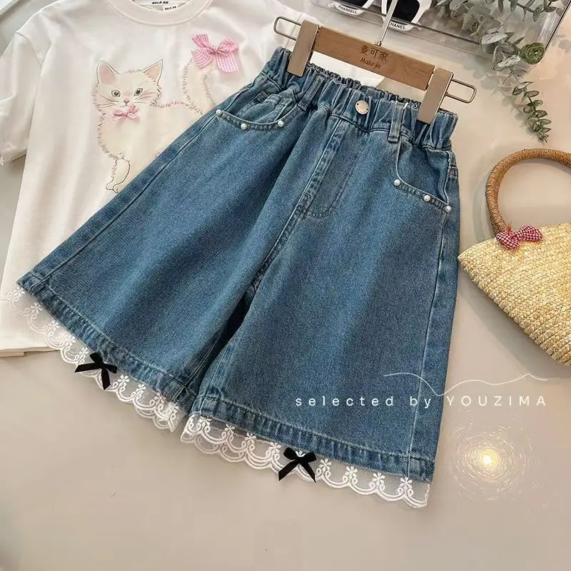 Teenager Girls' 2026 Summer New Lace-trimmed Denim Knee Length Shorts Children's Bowknot Denim Mid-length Pants Five-point Pants